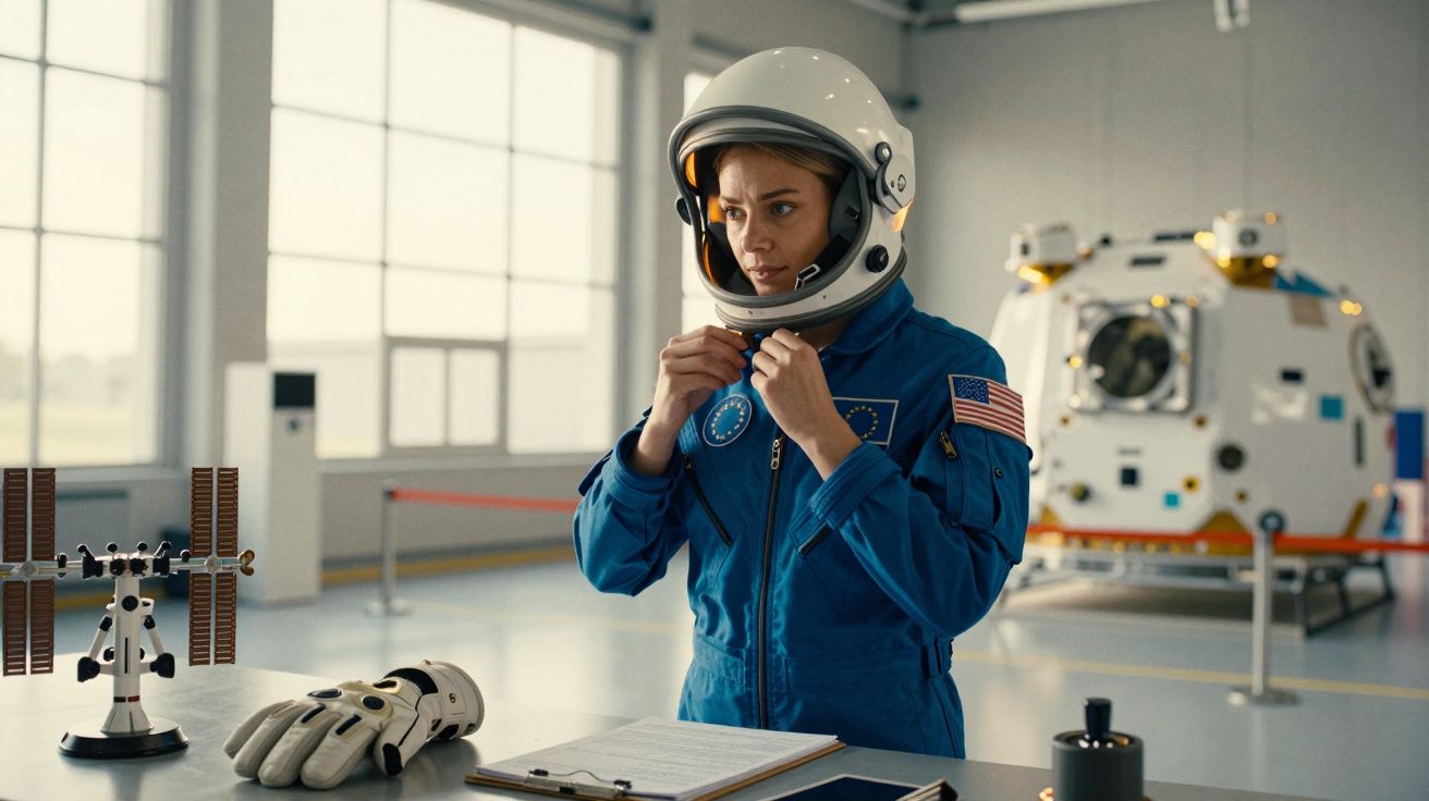 Astronauta ajusta capacete em sala com maquete de satélite e módulo espacial ao fundo.