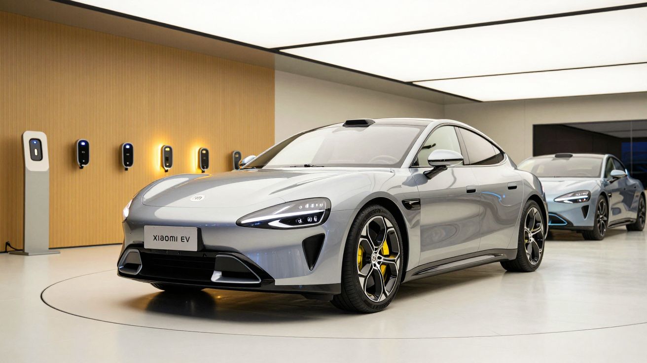 Carro elétrico moderno cinzento em exposição, com design elegante, num espaço interior com carregadores na parede.