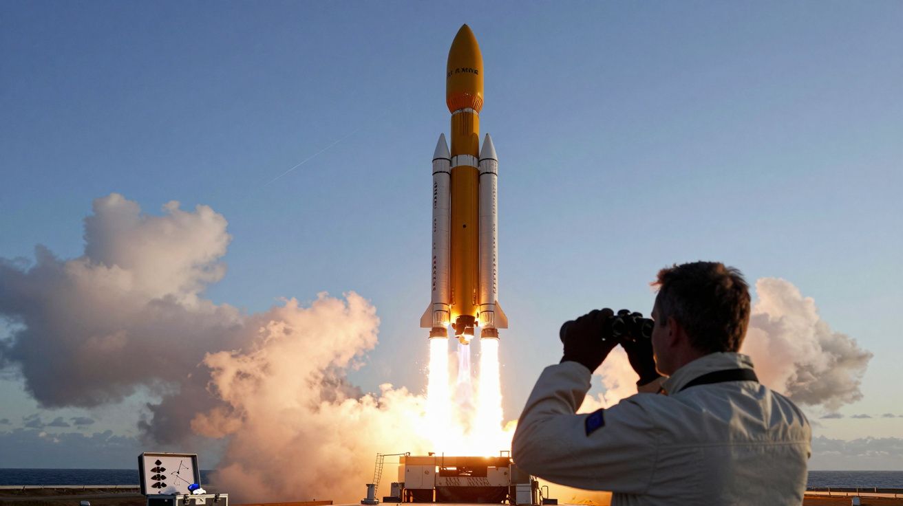 Homem observa lançamento de foguetão amarelo com binóculos.