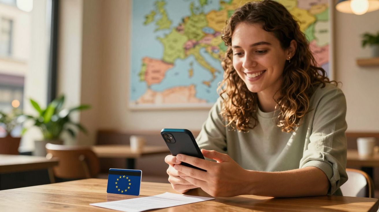 Mulher sorridente usando smartphone numa mesa com mapa da Europa ao fundo e bandeira da UE ao lado.