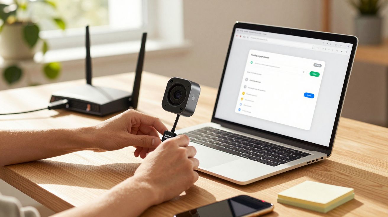 Pessoa usa laptop com câmara de vigilância. Router e smartphone na mesa.