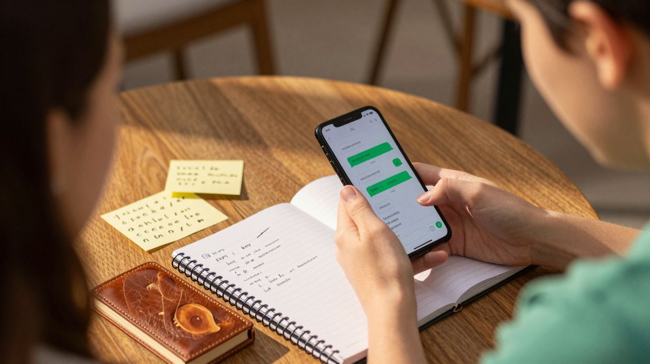 Pessoa usando smartphone ao lado de caderno aberto e notas adesivas numa mesa de madeira.