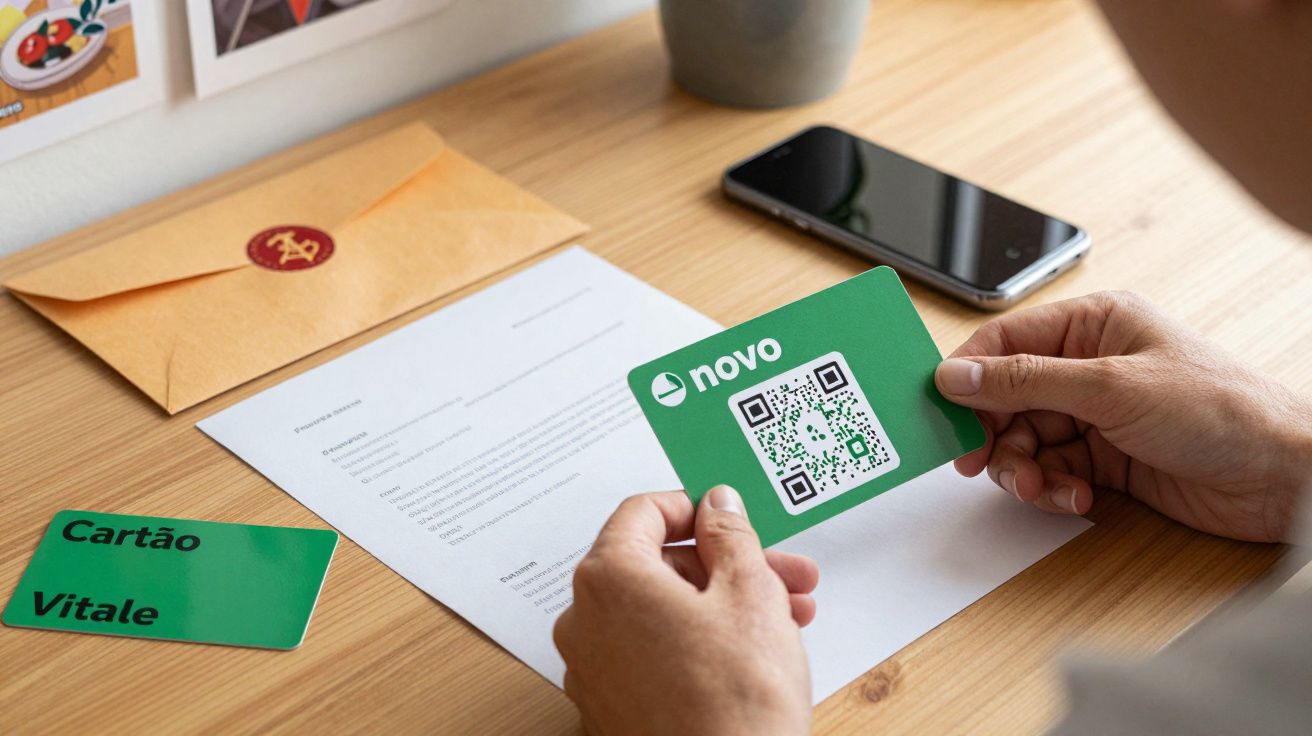 Pessoa segurando um cartão verde com QR code sobre uma mesa de madeira, ao lado de papéis e um smartphone.