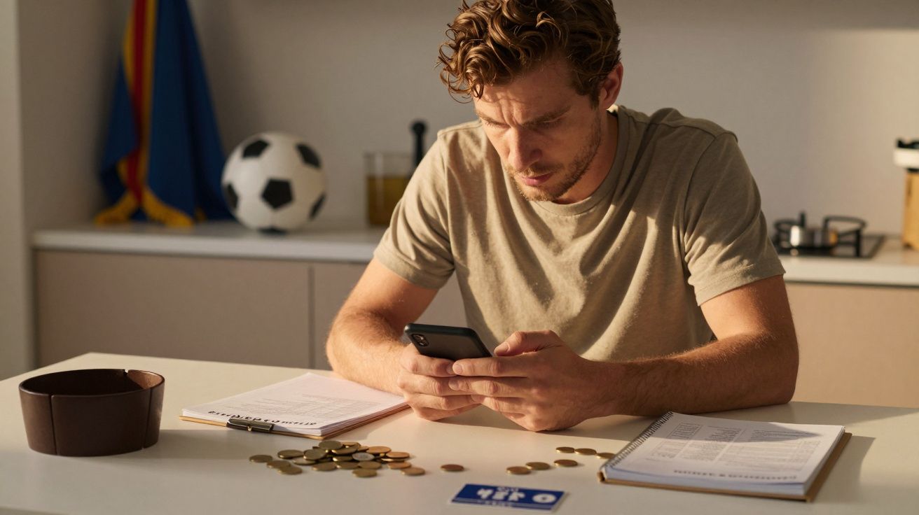 Homem sentado à mesa a olhar para o telemóvel, rodeado por moedas, papéis e uma bola de futebol ao fundo.