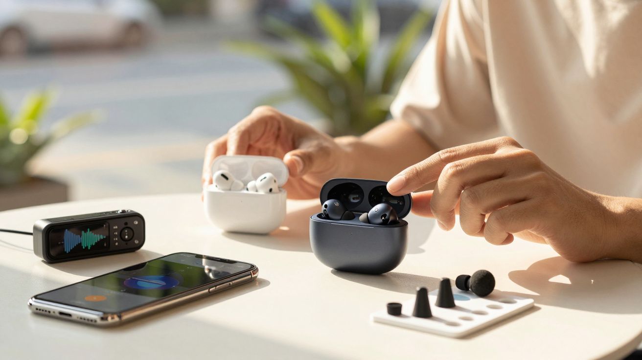 Pessoa a manusear auriculares sem fios numa mesa com smartphone e acessórios, iluminação natural ao fundo.