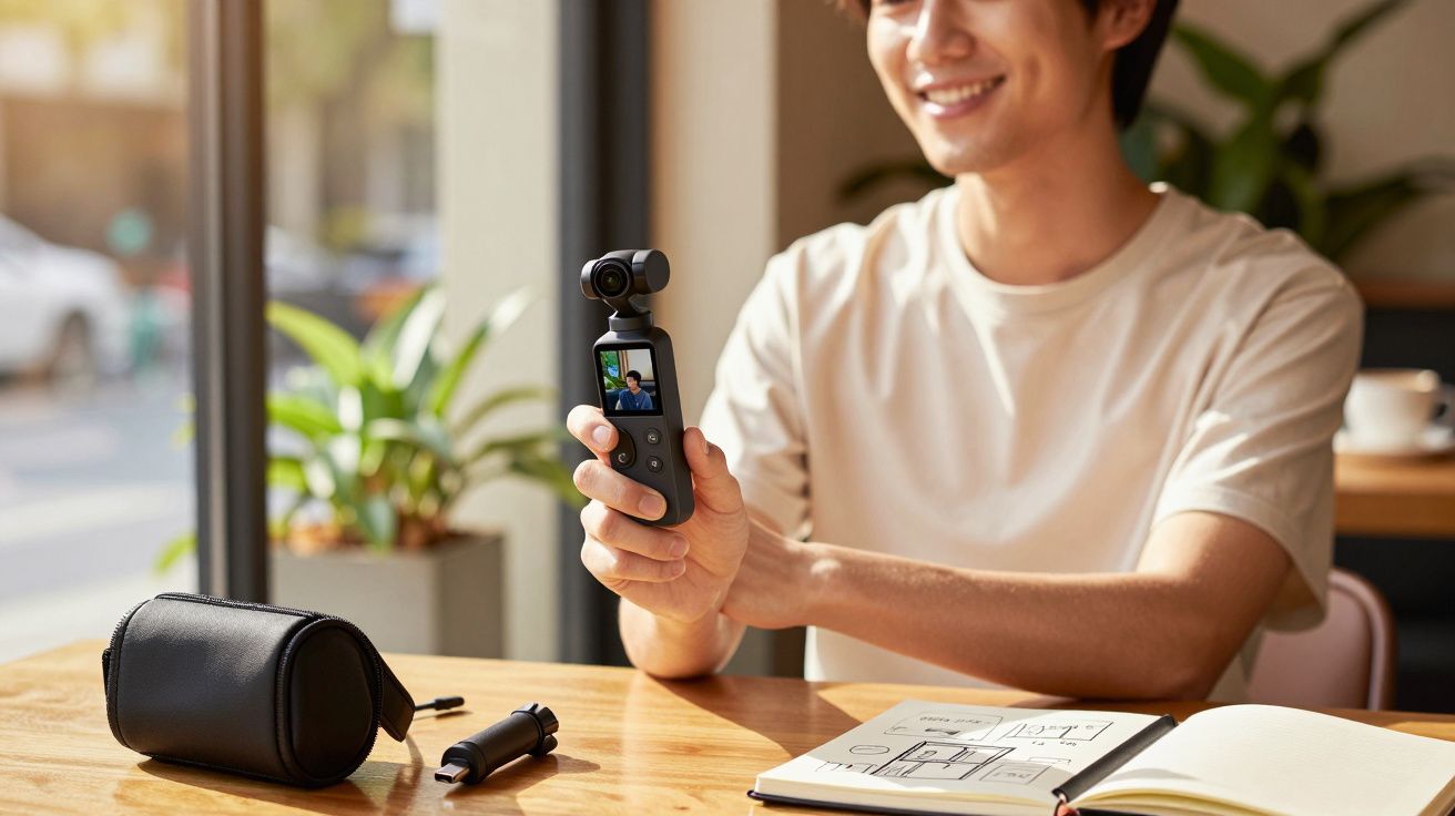 Homem sorrindo segura uma pequena câmara gimbal num café, com caderno e bolsa sobre a mesa.
