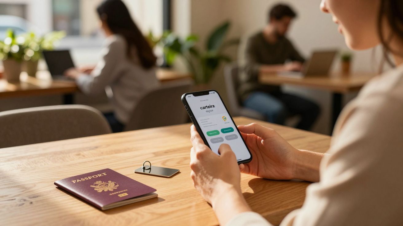 Pessoa segura smartphone com app de gestão de cartões, passaporte e chave na mesa, fundo com mais pessoas a trabalhar.