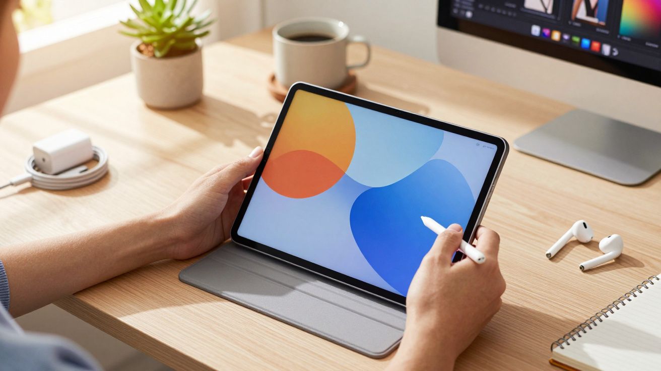 Pessoa a usar tablet com caneta digital numa secretária, com portátil, caderno e planta ao fundo.