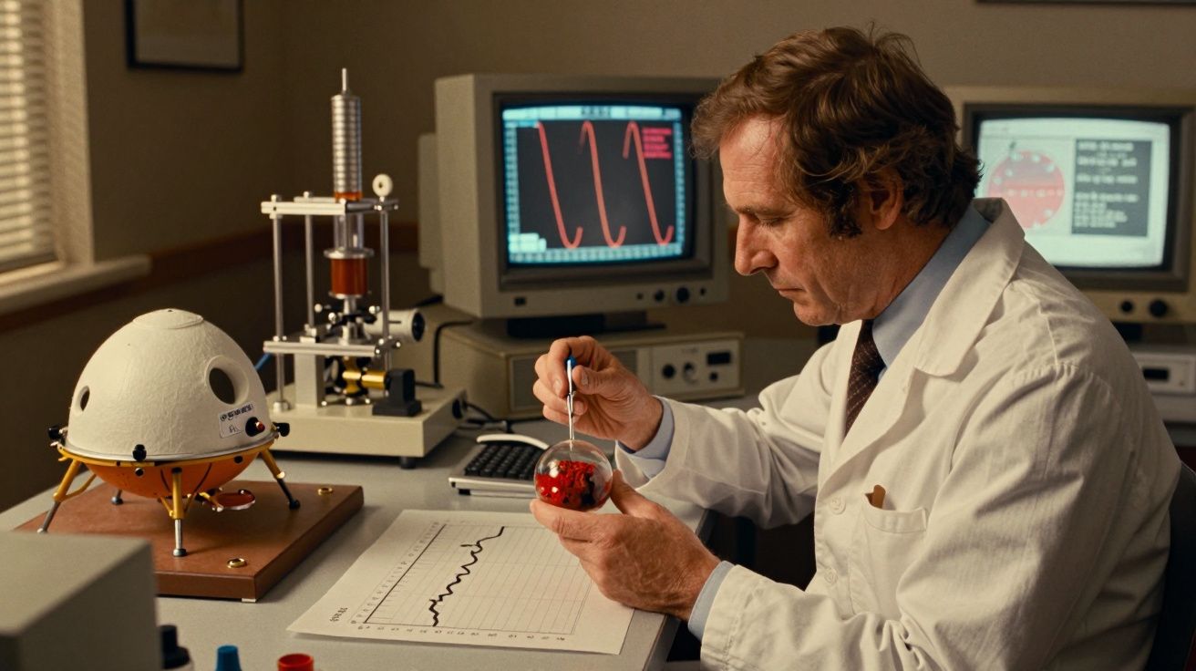 Cientista em laboratório analisa amostra com gráfico e equipamento eletrônico ao fundo.