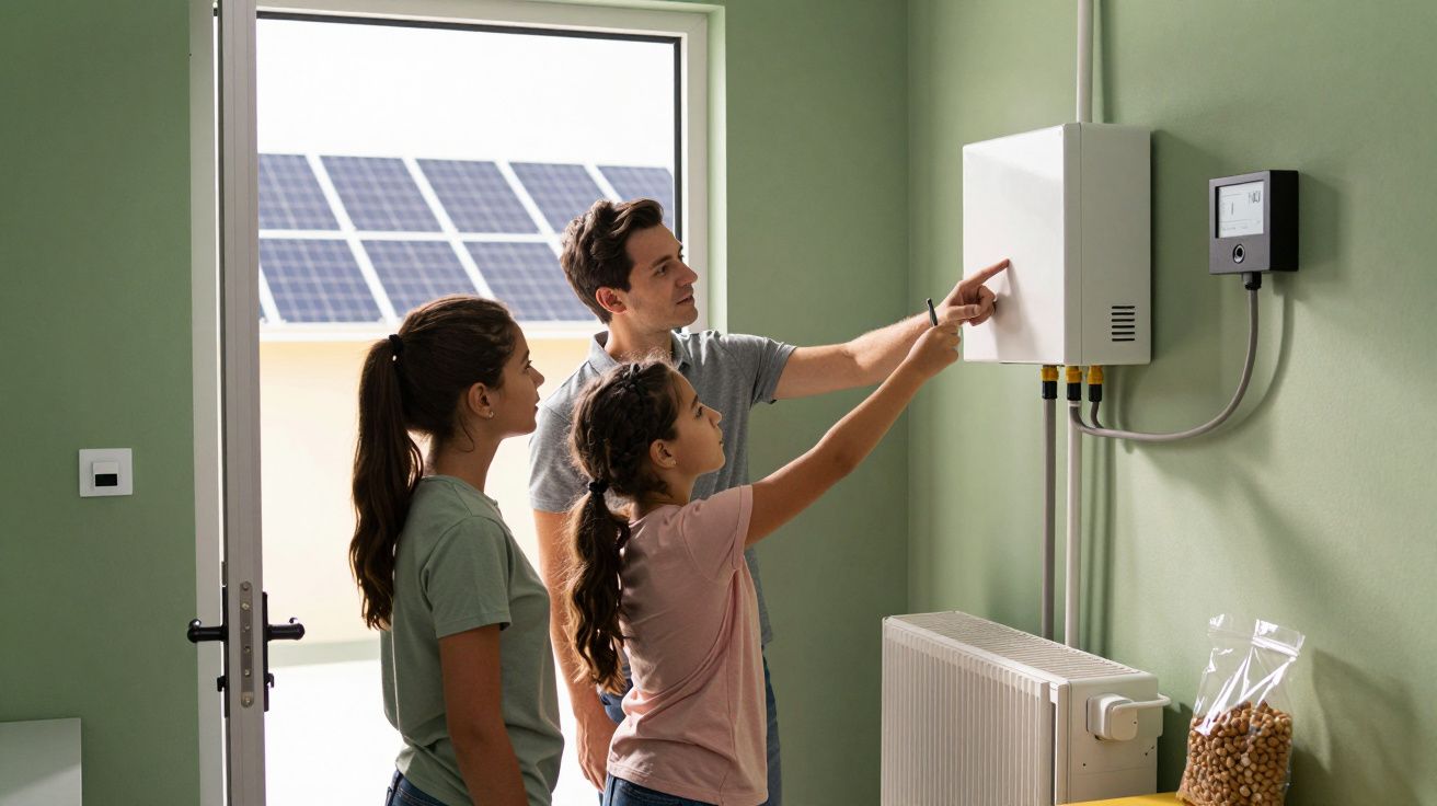 Família observa painel de controlo de energia em sala com parede verde. Painéis solares visíveis através da janela.