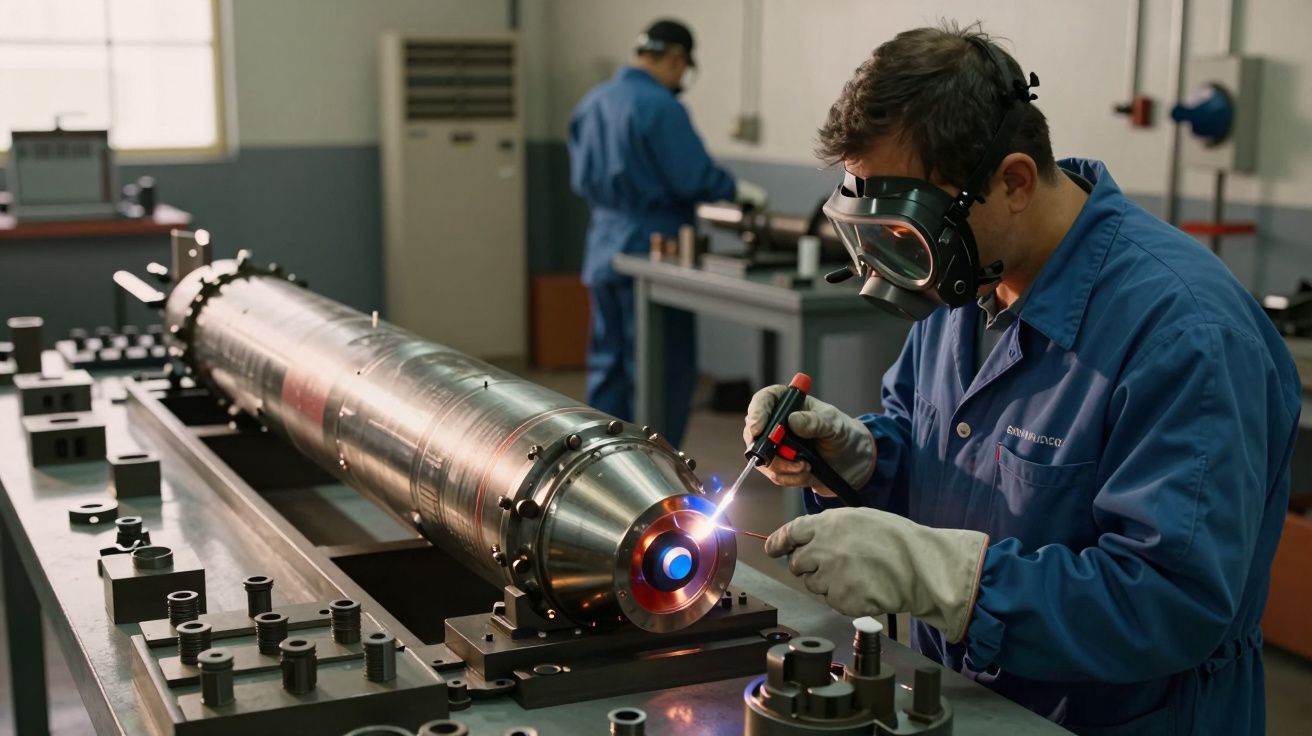 Técnico soldando cilindro metálico em laboratório, usando máscara de proteção e luvas. Outro técnico ao fundo.