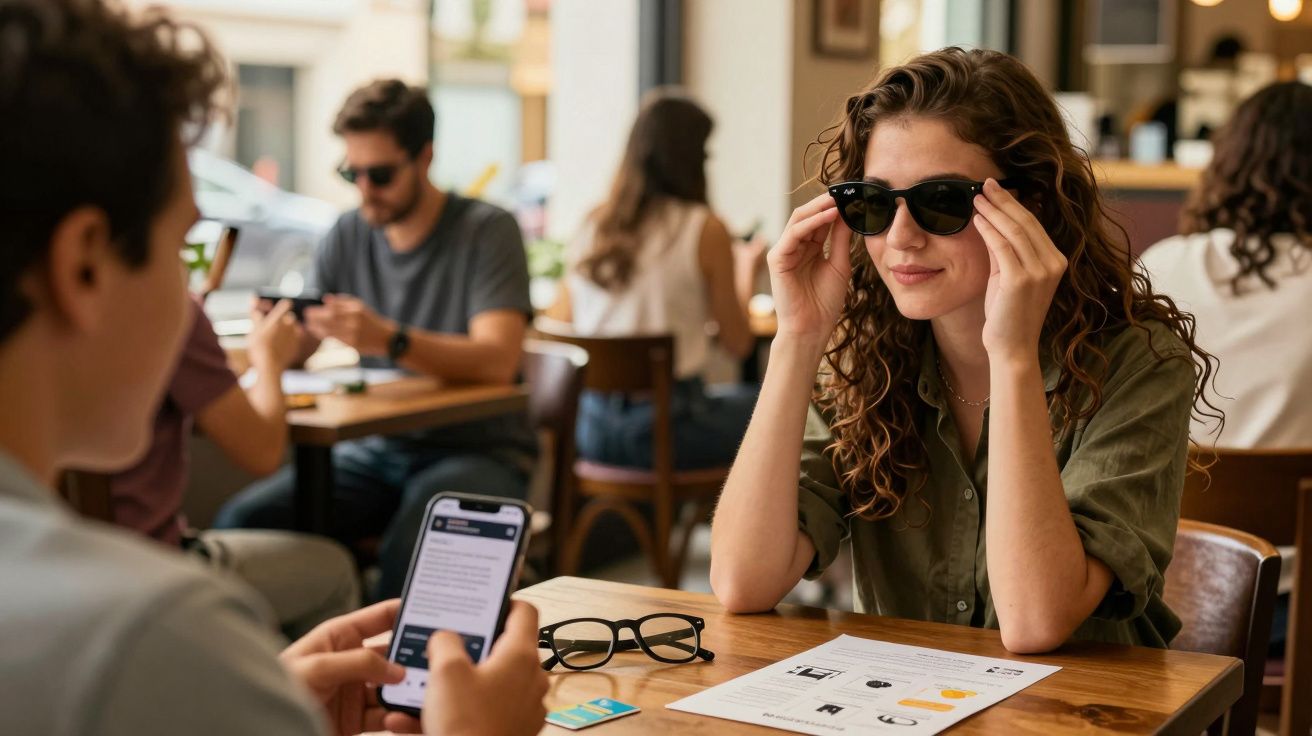 Mulher com óculos de sol ajustando-os, sentada em café, enquanto homem à sua frente usa smartphone.