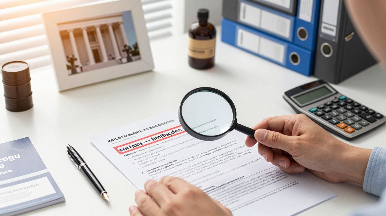 Homem analisa documento sobre impostos com lupa, numa secretária com calculadora, dossiês e foto de edifício.