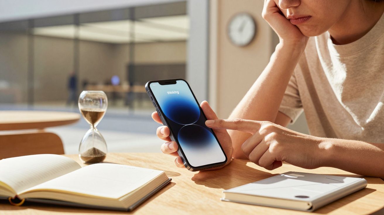 Pessoa usando smartphone em mesa com caderno e ampulheta, num ambiente iluminado.