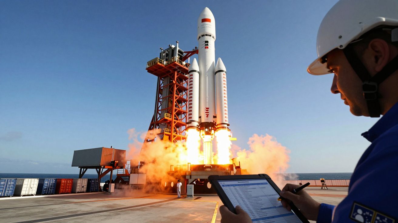 Foguete a descolar da plataforma com chamas visíveis, enquanto técnico com capacete observa com um tablet na mão.