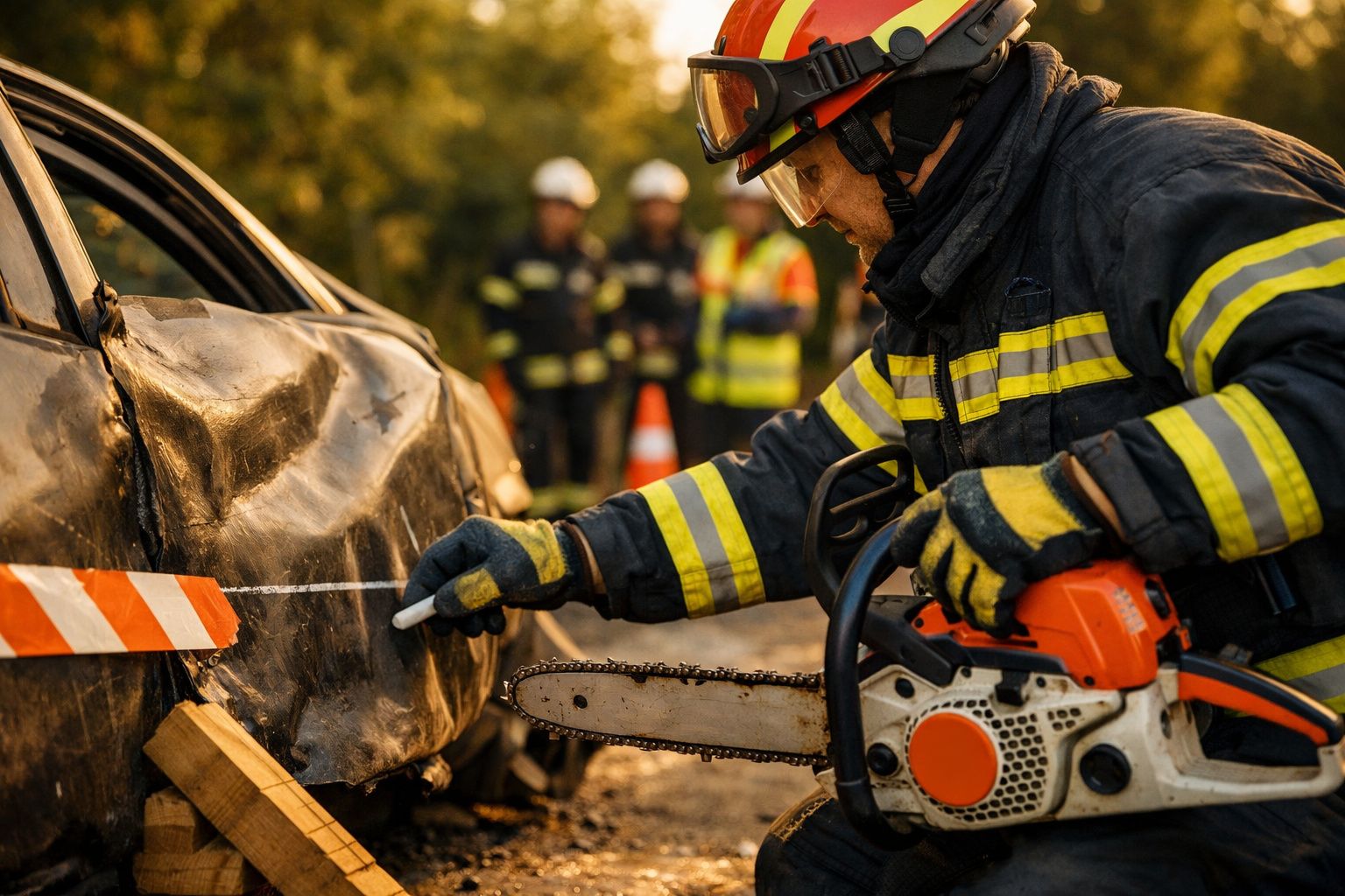 Bombeiro com motosserra corta carro danificado em operação de resgate; outros bombeiros ao fundo.
