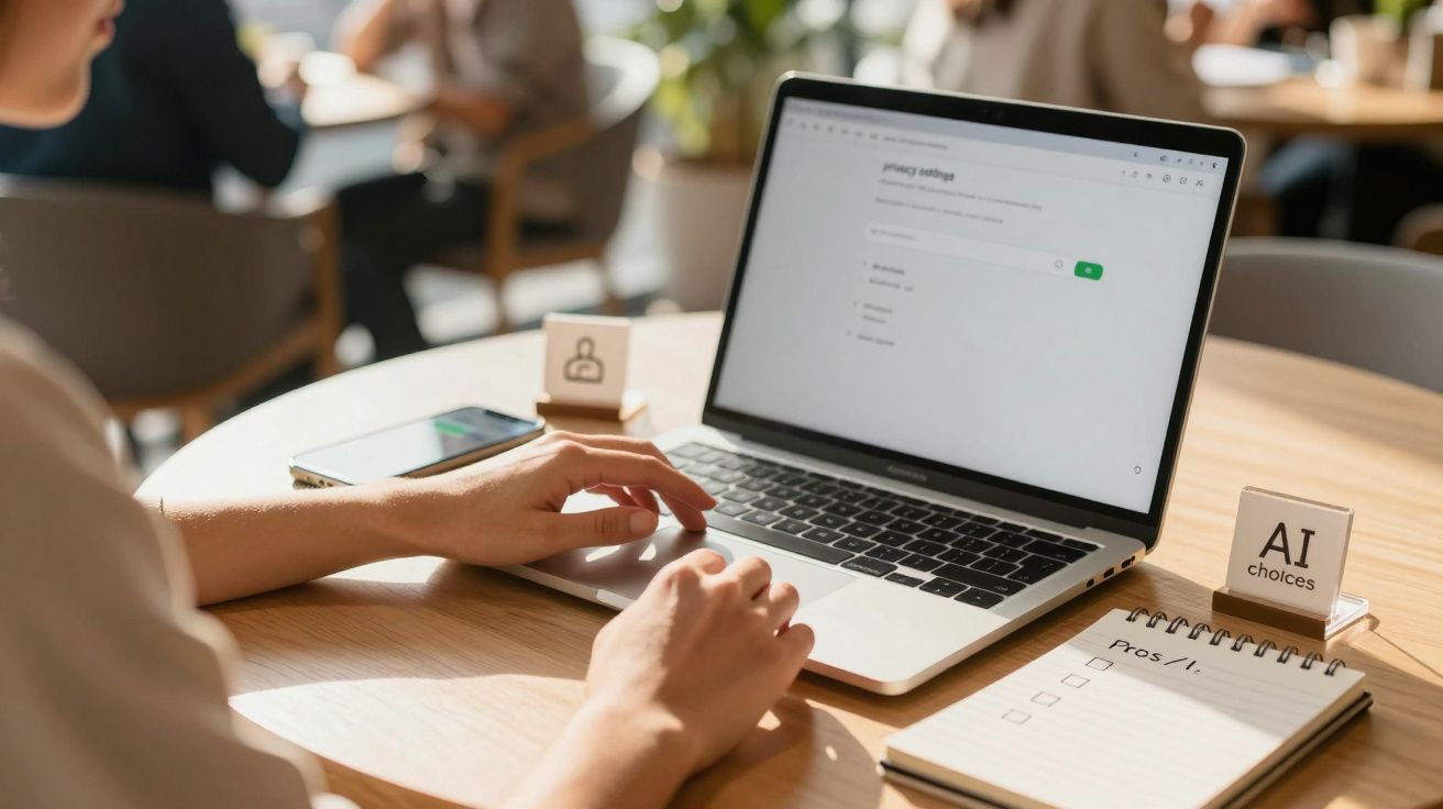 Pessoa a ajustar definições de privacidade num portátil numa mesa de café com bloco de notas e ícones de IA.