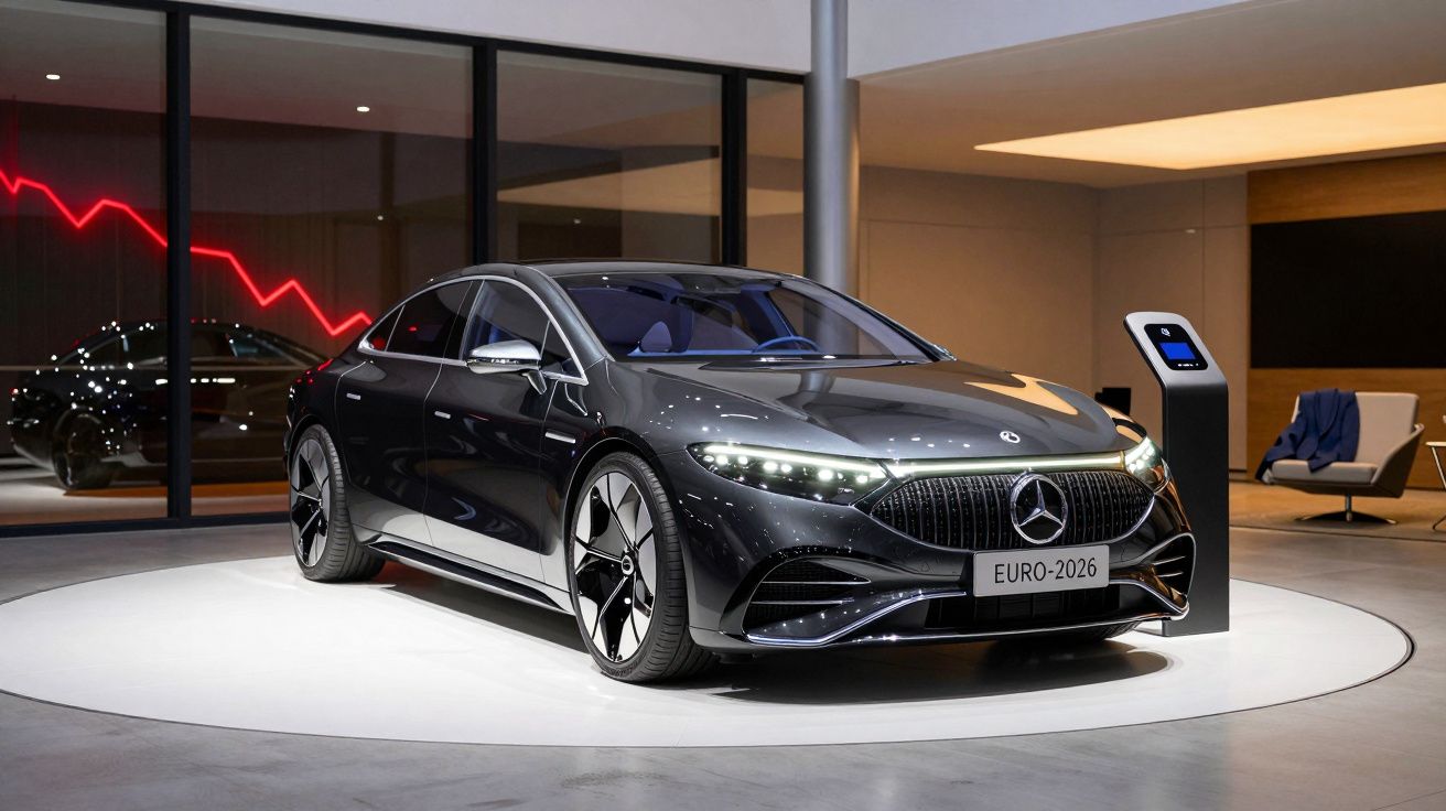 Carro desportivo elétrico Mercedes cinza em exposição interior moderna, com carregador ao lado.