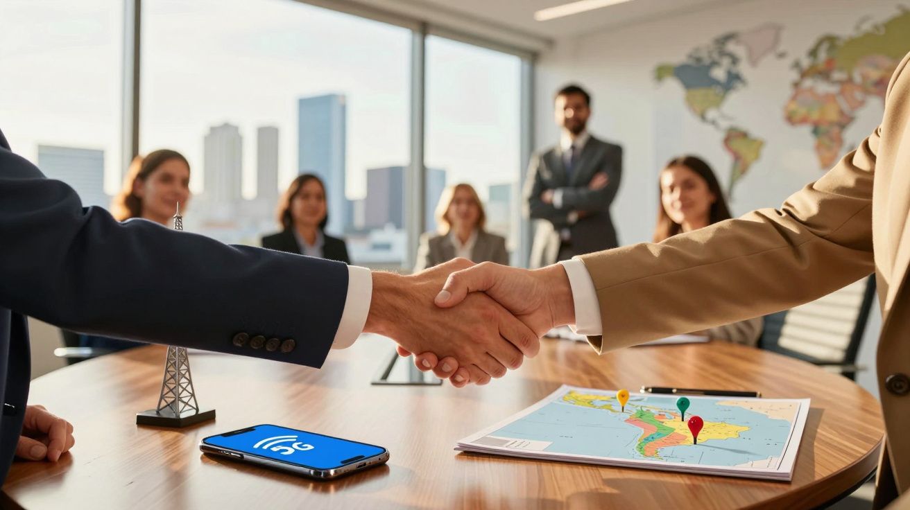 Duas pessoas apertam as mãos numa sala de reuniões, com um mapa sobre a mesa e pessoas ao fundo.