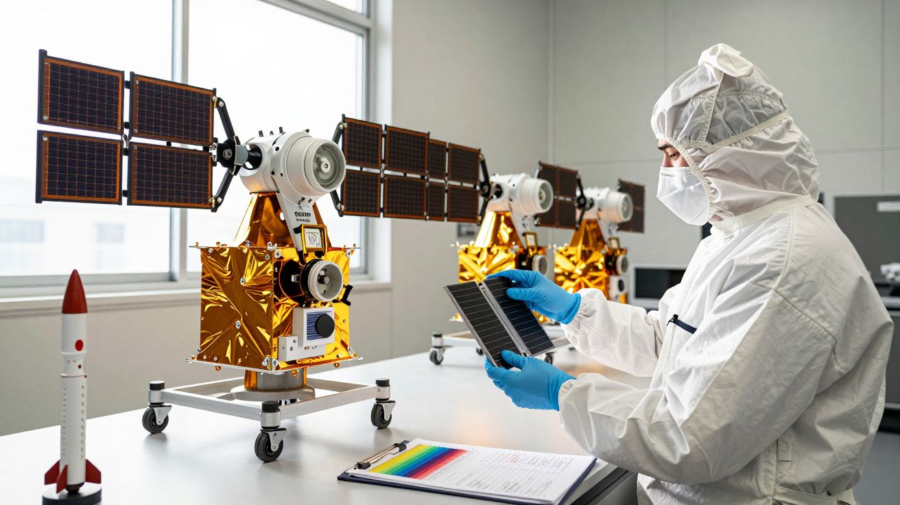 Técnico em traje protetor analisa modelo de satélite em laboratório com miniatura de foguete ao lado.