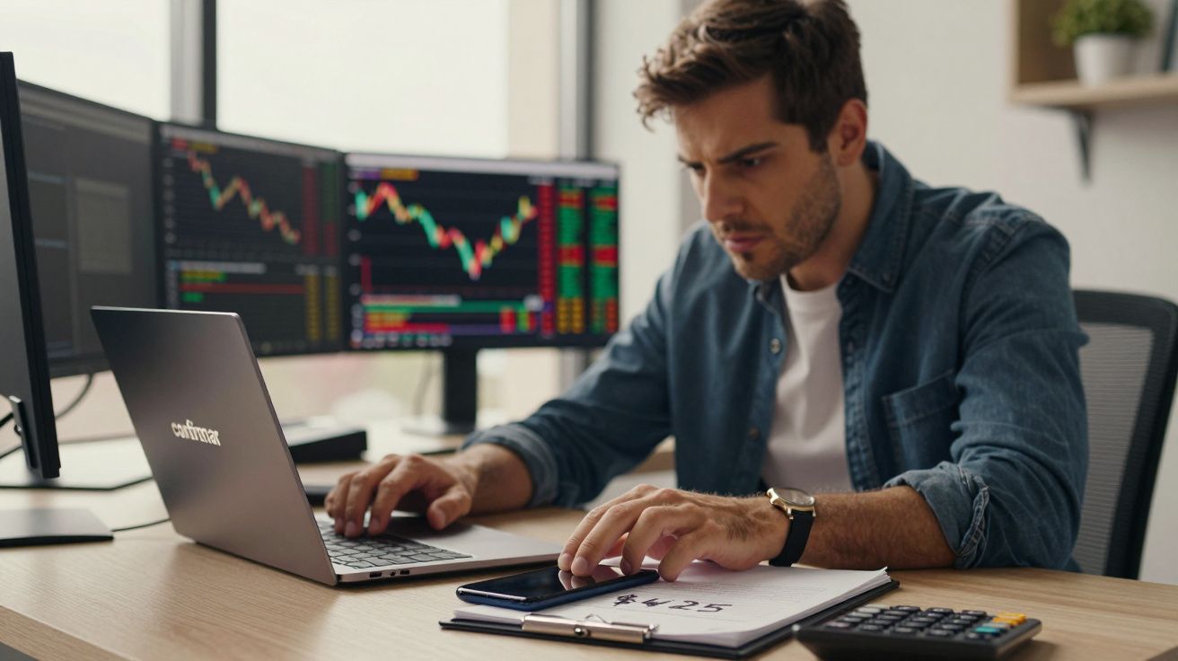 Homem a trabalhar em laptop com gráficos em monitores, bloco de notas e calculadora sobre a mesa.