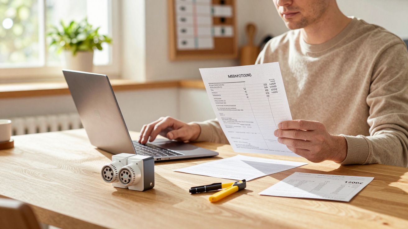 Homem segura documento enquanto usa portátil numa mesa de madeira, com lâmpada e canetas ao lado.