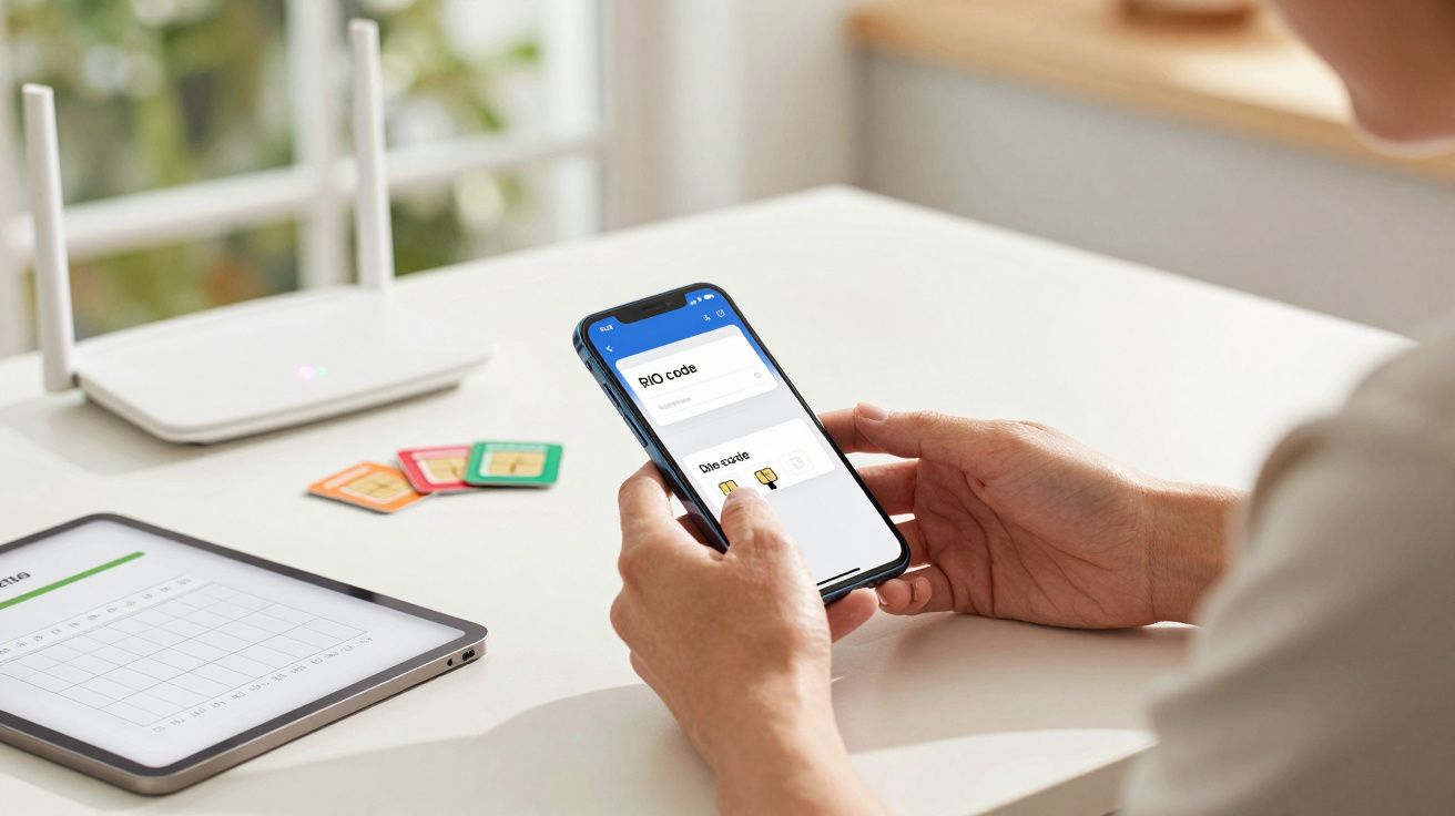 Pessoa a inserir código PIN em smartphone ao lado de um tablet e cartões SIM sobre a mesa.