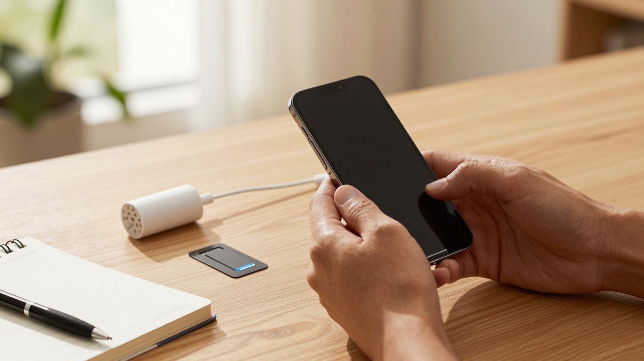 Pessoa segurando um smartphone em cima de uma mesa de madeira, com bloco de notas, caneta e adaptador ao lado.
