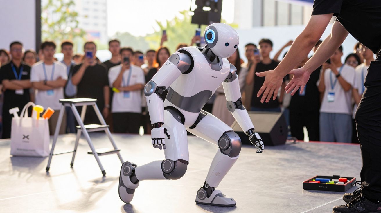 Robô branco a ajoelhar-se num palco, rodeado por pessoas a observar com interesse.