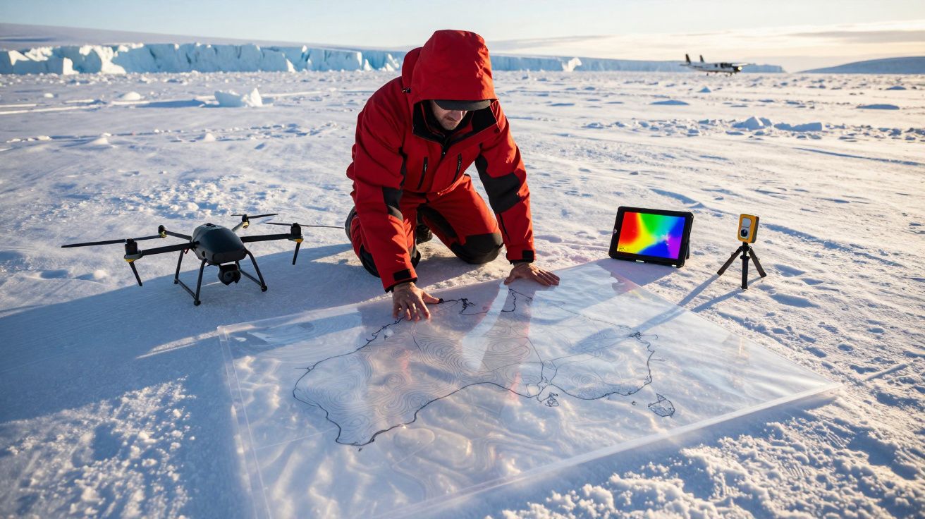 Explorador no gelo com mapa, tablet, drone e dispositivos, analisando dados climáticos na Antártida.