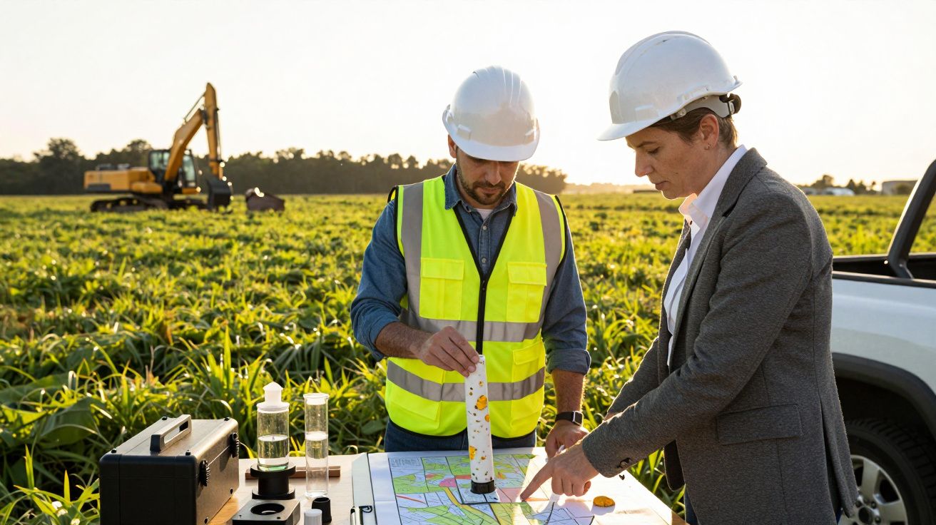Engenheiros com capacetes analisam mapas num campo, com uma escavadora ao fundo.