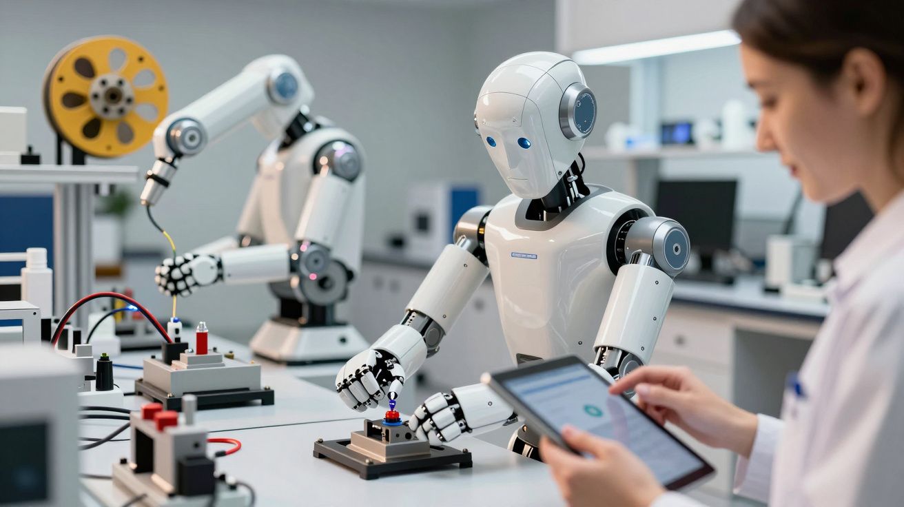 Robôs humanoides em laboratório manuseiam equipamentos enquanto cientista controla dados num tablet em primeiro plano.