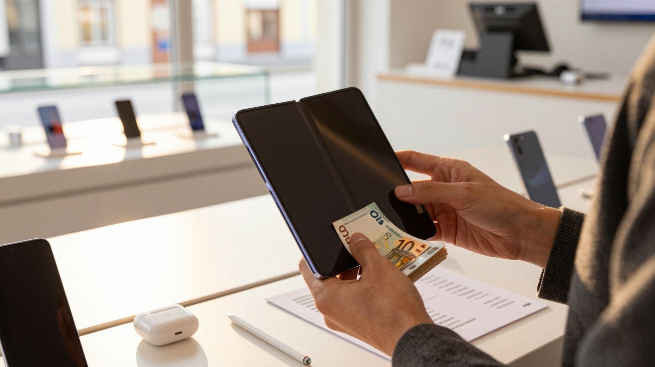 Pessoa segurando smartphone dobrável com nota de euro numa loja de eletrónica.