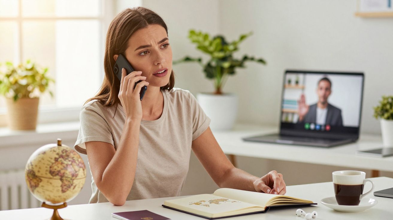 Mulher ao telemóvel com caderno e chá, laptop com videochamada ao fundo numa mesa com globo e plantas.