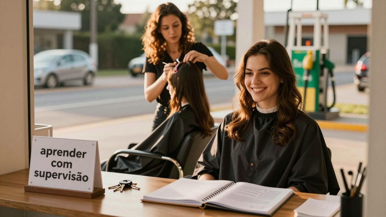 Mulher sorridente aguarda no salão de beleza, enquanto cabeleireira trabalha noutra cliente ao fundo. Placa: "aprender com su