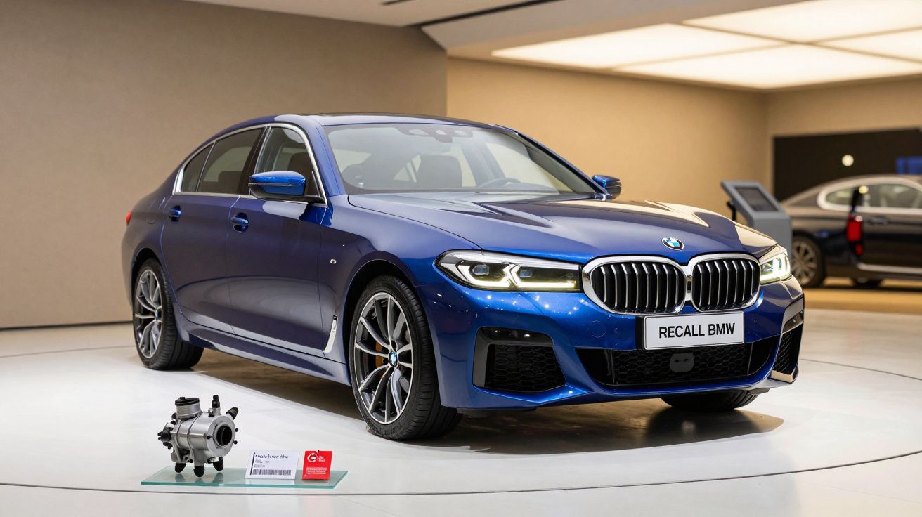 Carro BMW azul exposto em sala iluminada, com placa "RECALL BMW" na frente. Componentes mecânicos exibidos ao lado.