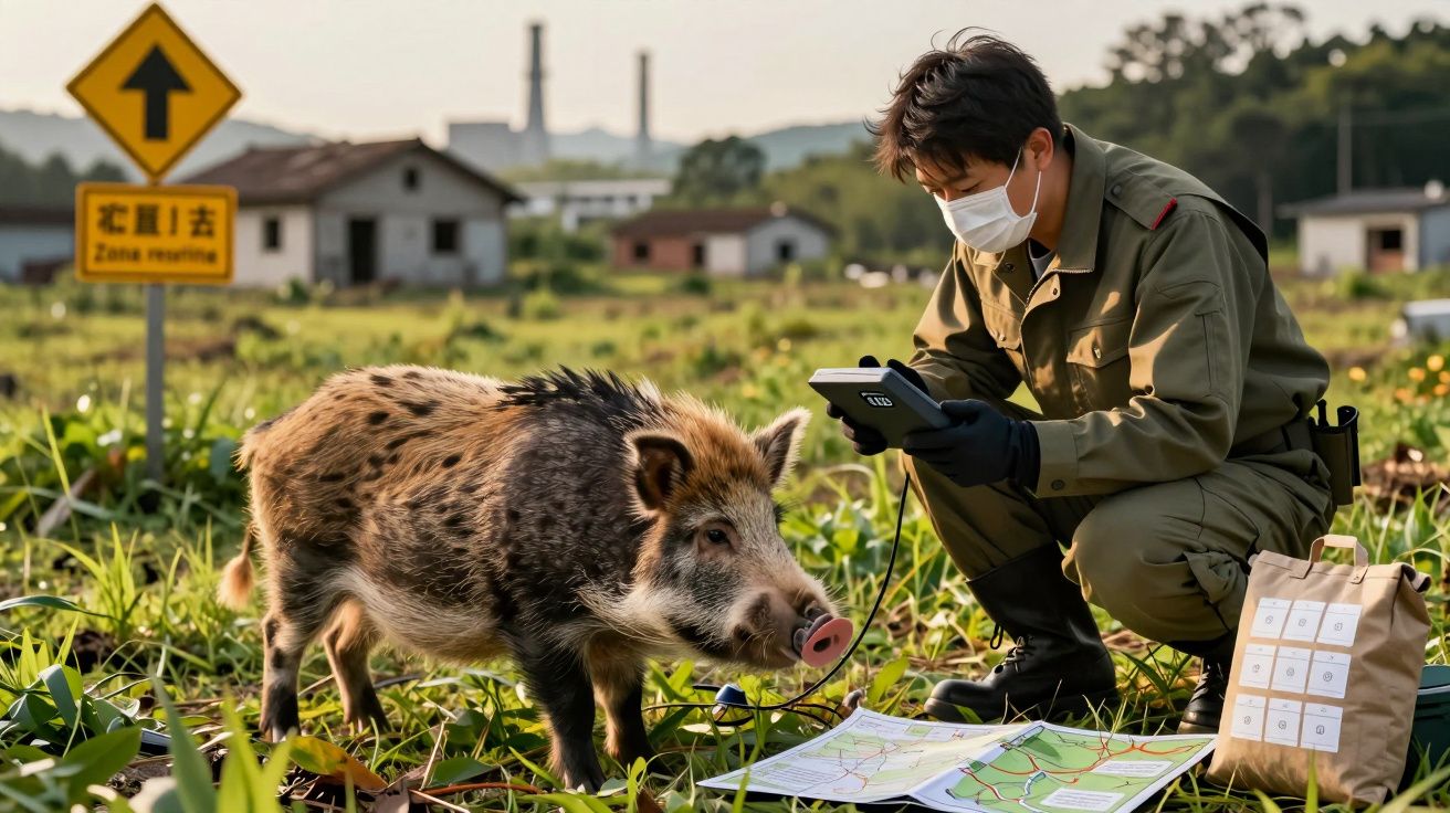 Guarda florestal com máscara examina mapa e tablet junto a javali num campo, perto de uma placa de aviso e sacola.