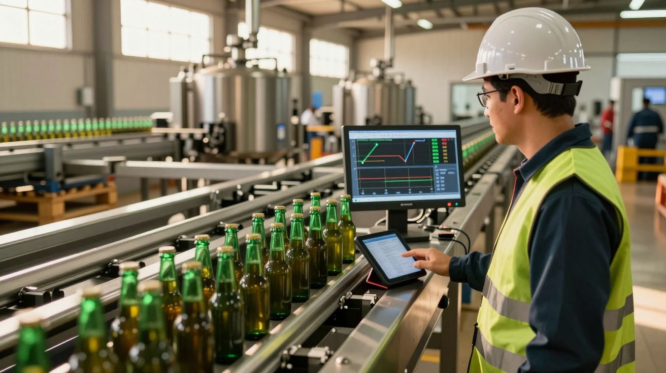 Trabalhador de fábrica inspeciona garrafas numa linha de produção com ecrã de controlo à frente.