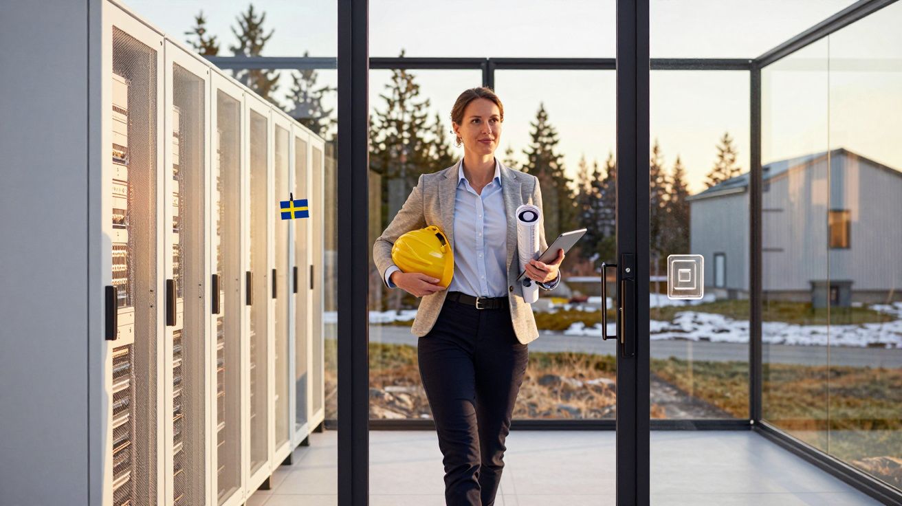 Mulher segura capacete e tablet, caminhando por corredor de servidores, com bandeira da Suécia visível.
