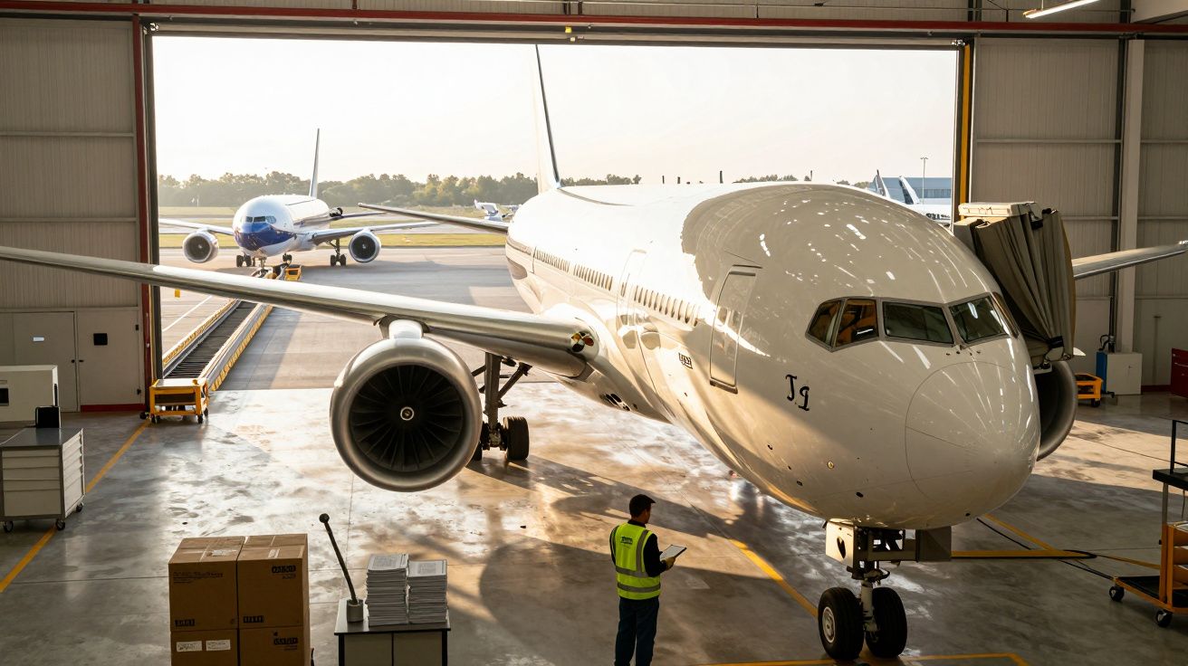 Avião branco em hangar, com técnico de colete amarelo e tablet, outro avião ao fundo na pista.