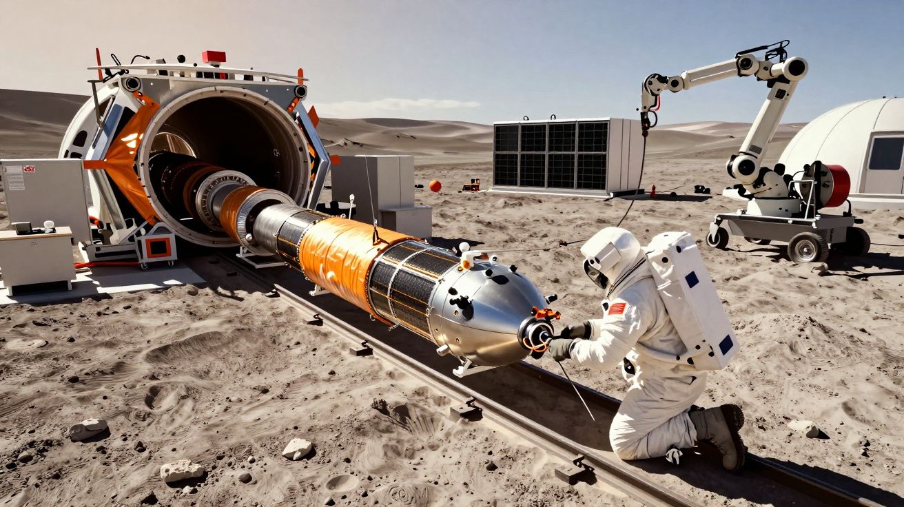 Astronauta em traje espacial manuseia equipamento em ambiente desértico com módulo e robô no fundo.