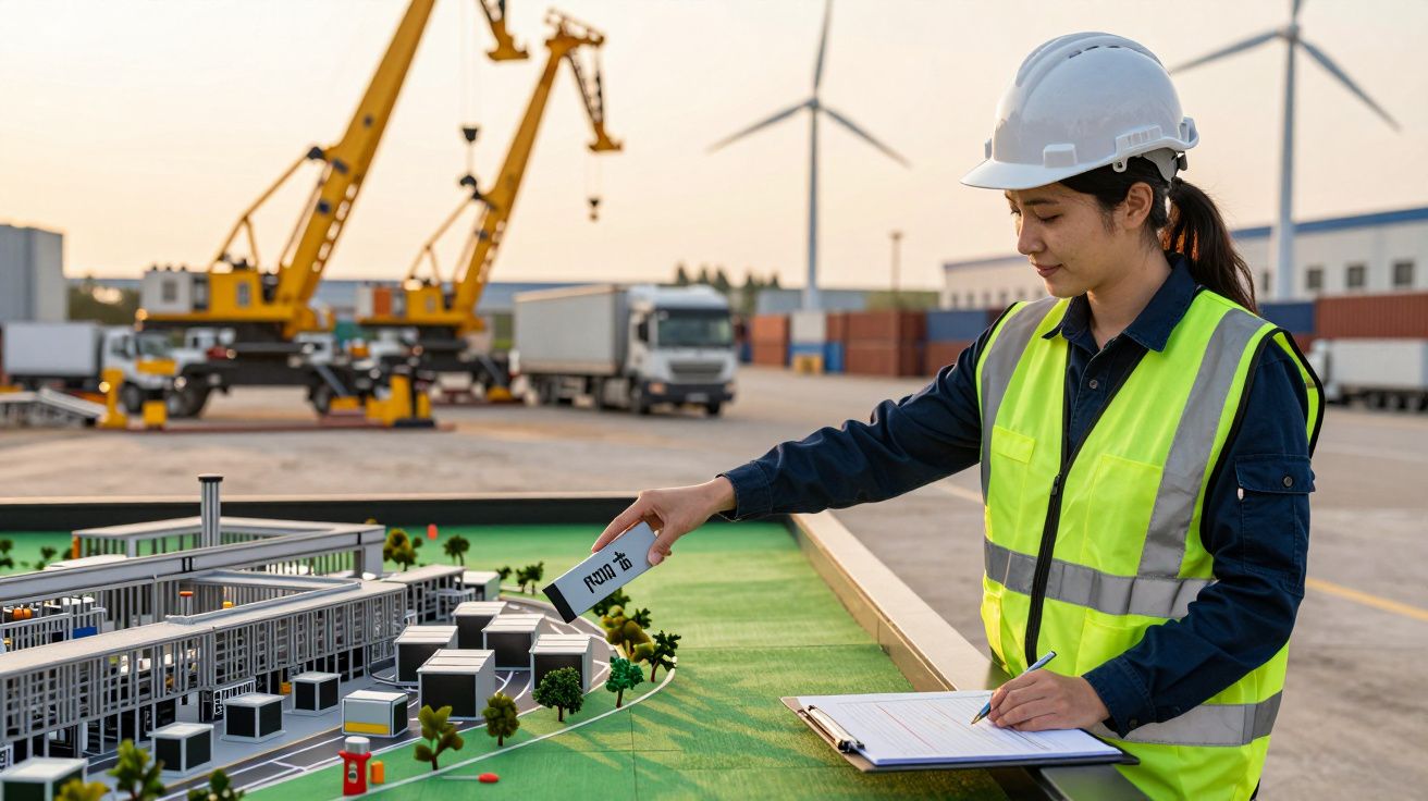 Mulher em capacete e colete observa maquete de complexo industrial, gruas eólicas e camiões ao fundo.