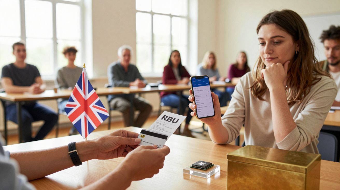 Jovem usa telemóvel numa sala de aula em frente a um professor com bandeira do Reino Unido numa mesa.