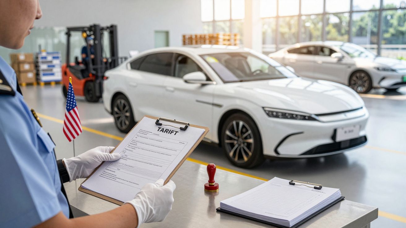 Funcionário verifica documentos de tarifas perto de carros brancos em inspeção com bandeira dos EUA em destaque.