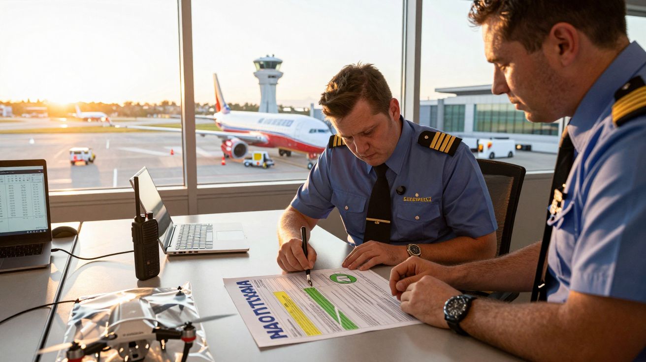 Pilotos em farda azul preenchem documentos num escritório, com um avião e torre no fundo, durante o pôr do sol.