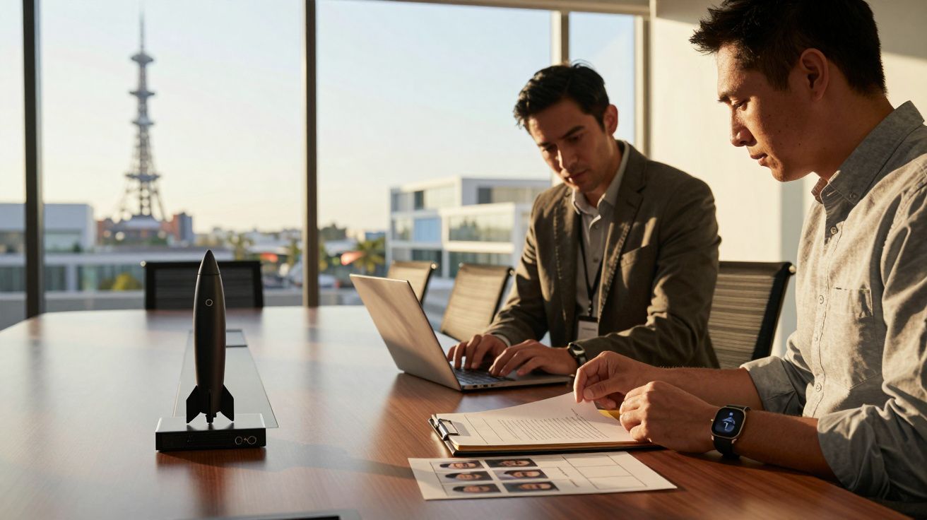 Dois homens trabalhando numa sala de reuniões, com uma maqueta de foguete na mesa e torre de comunicação ao fundo.
