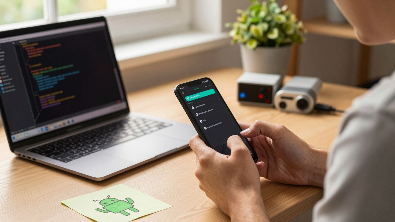 Pessoa usando smartphone enquanto trabalha em portátil com código, numa secretária com planta e equipamento eletrônico.