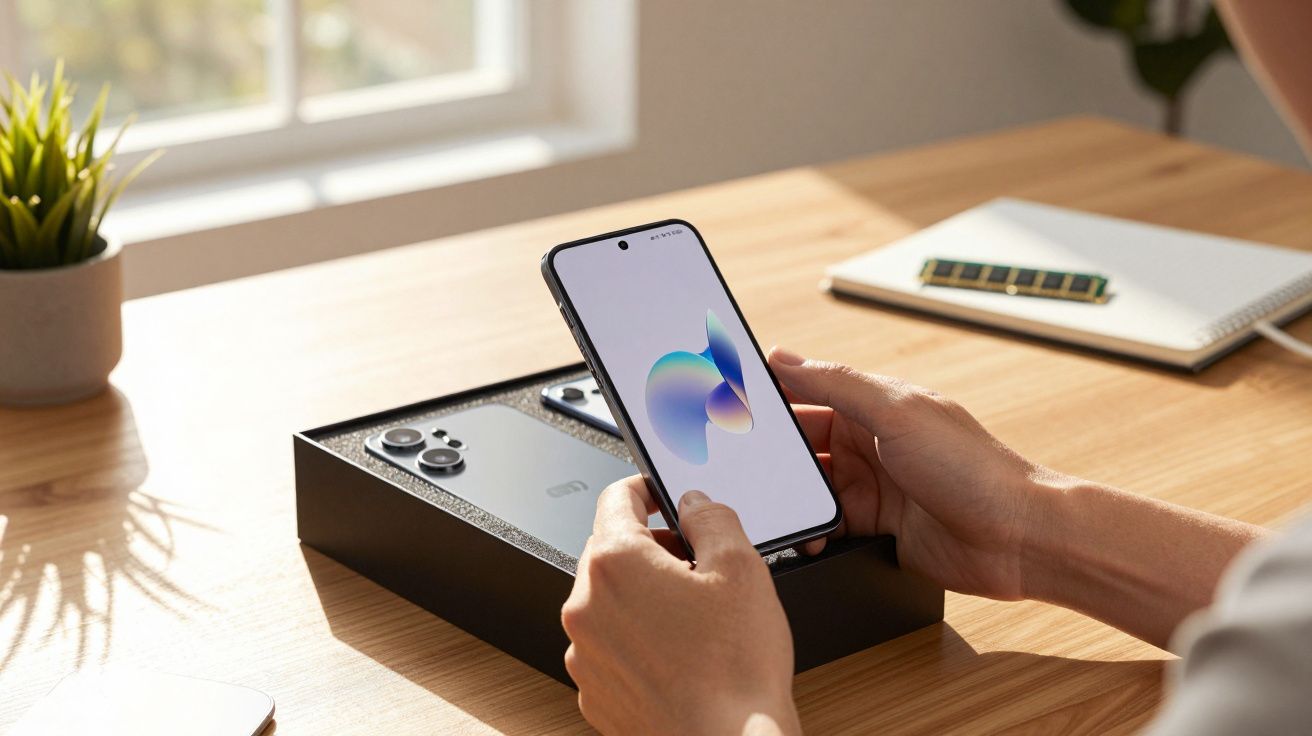 Pessoa segura smartphone novo em mãos, ao lado de caixa aberta, numa mesa de madeira iluminada pela luz do sol.