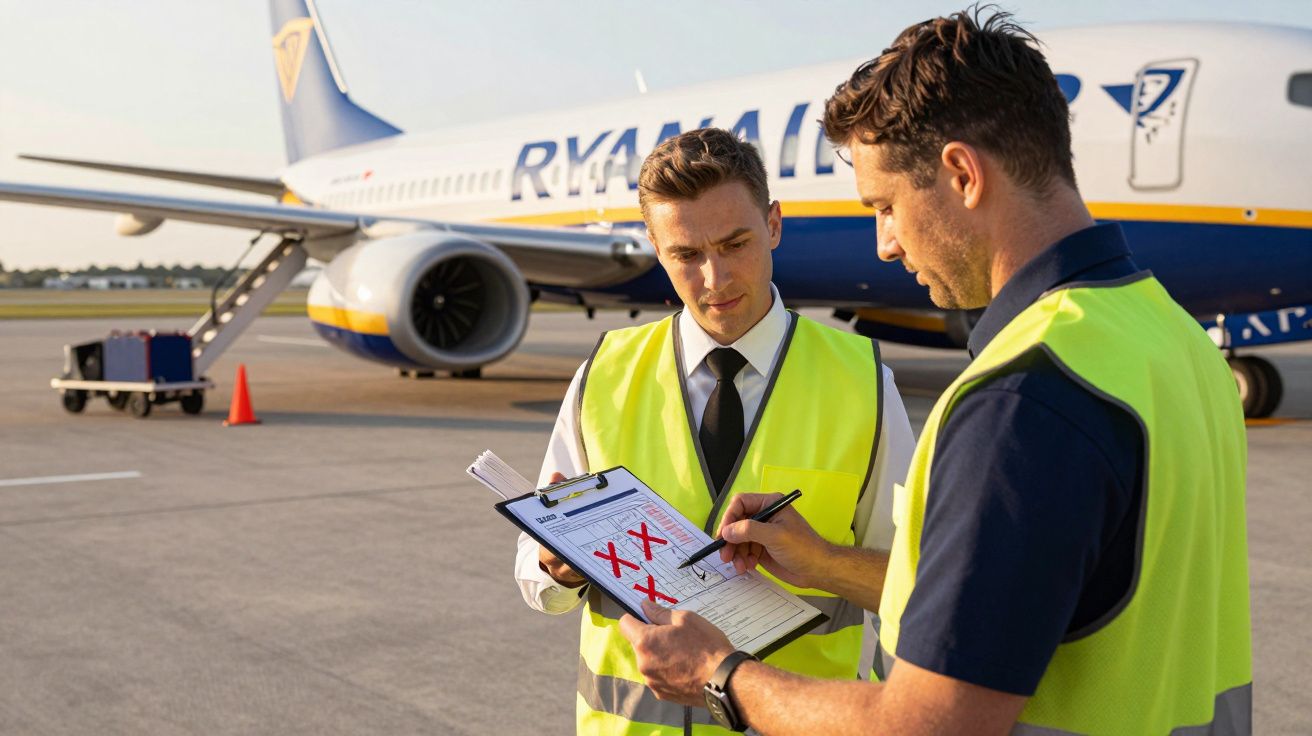 Dois homens de colete refletem discutem lista de verificação junto a avião estacionado na pista.