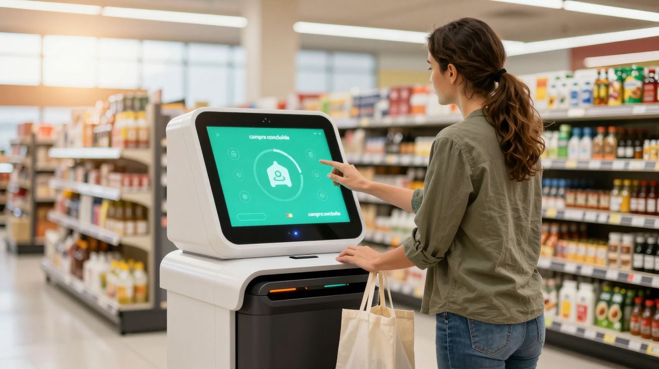 Mulher usando quiosque digital num supermercado, segurando um saco de compras com prateleiras ao fundo.